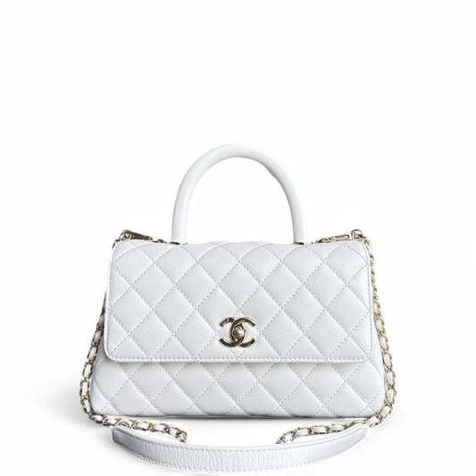 Chanel Coco Handle Small - Caviar Quilted Snow White Gold Hardware Microchip