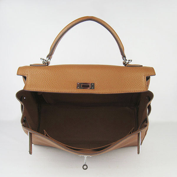 Hermes Luxury Kelly Cm Togo Light Coffee Handbag Leather Silver Travel Bag