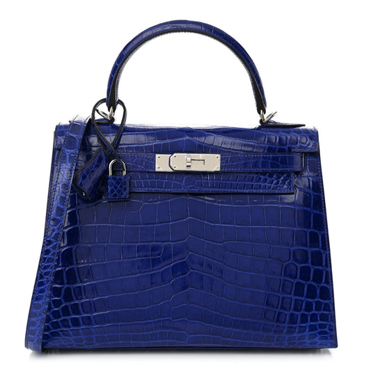 Hermes Shiny Niloticus Crocodile Kelly Sellier Bleu Electrique Handbag Travel Bag