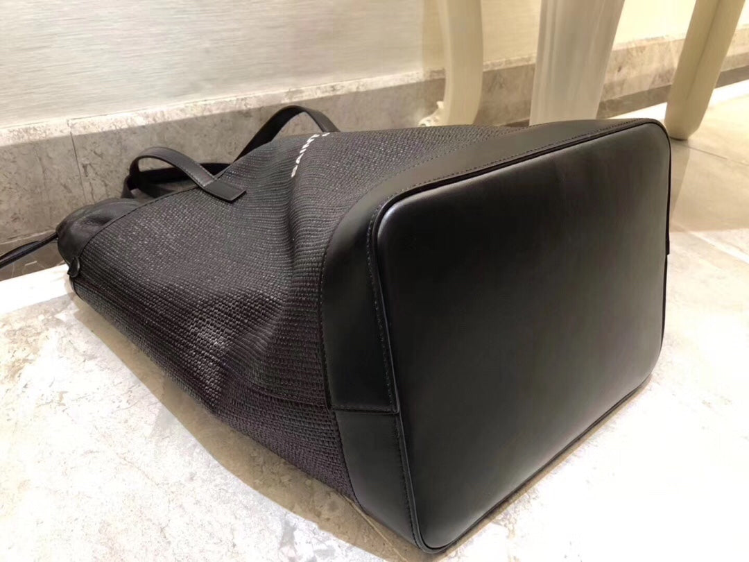 YSL Saint Laurent Teddy Handle 13in 33cm 96W1E Canvas Black Medium Bucket Tote Bag