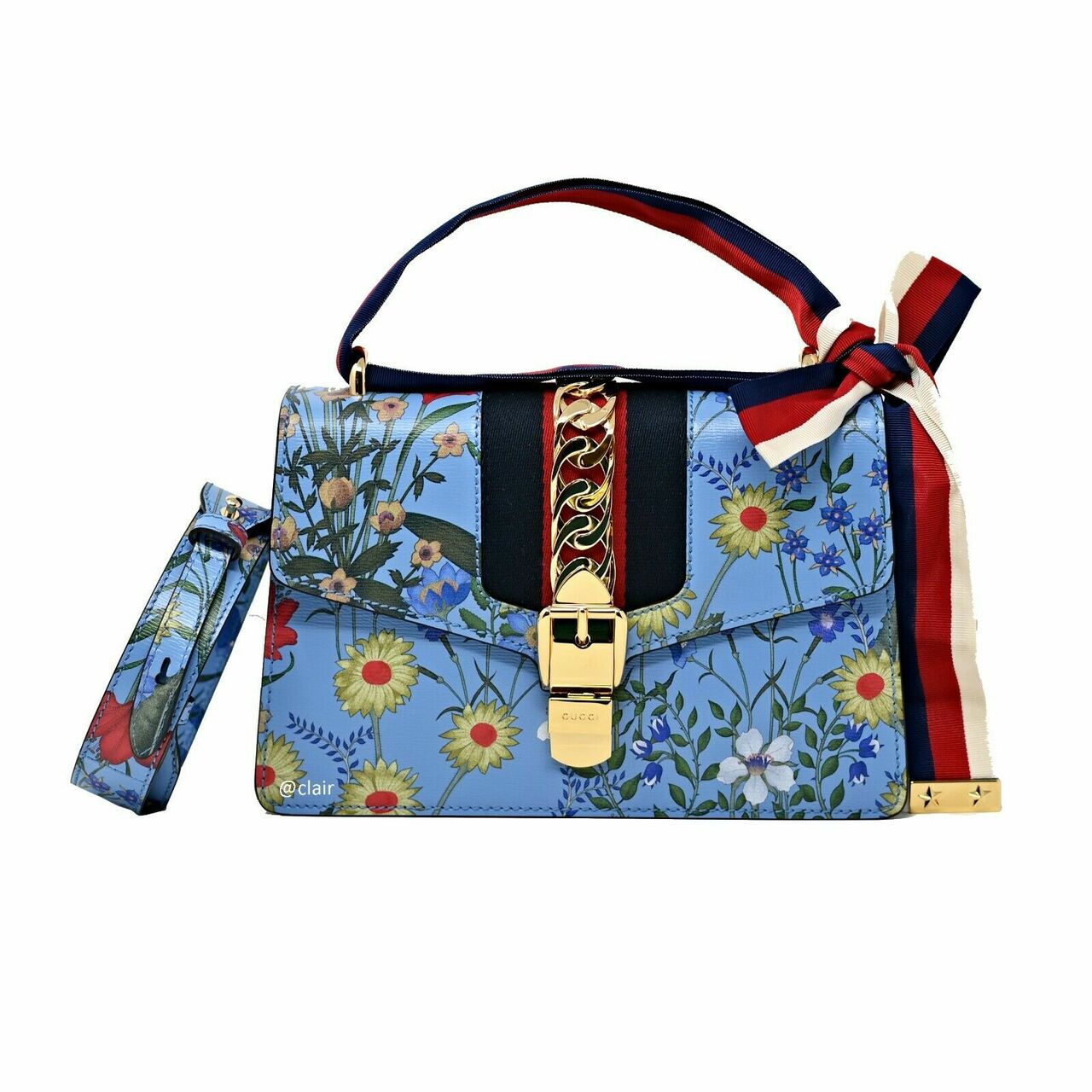 Gucci SYLVIE AZURE FLORA Leather Calfskin Blue Small Shoulder Bag
