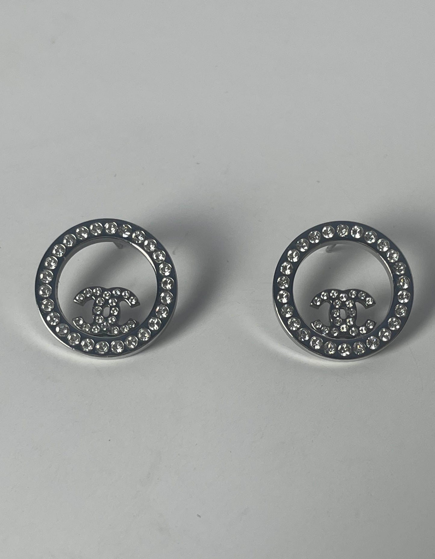 Chanel Silver Crystal Round CC Pierced Earrings Jewelry