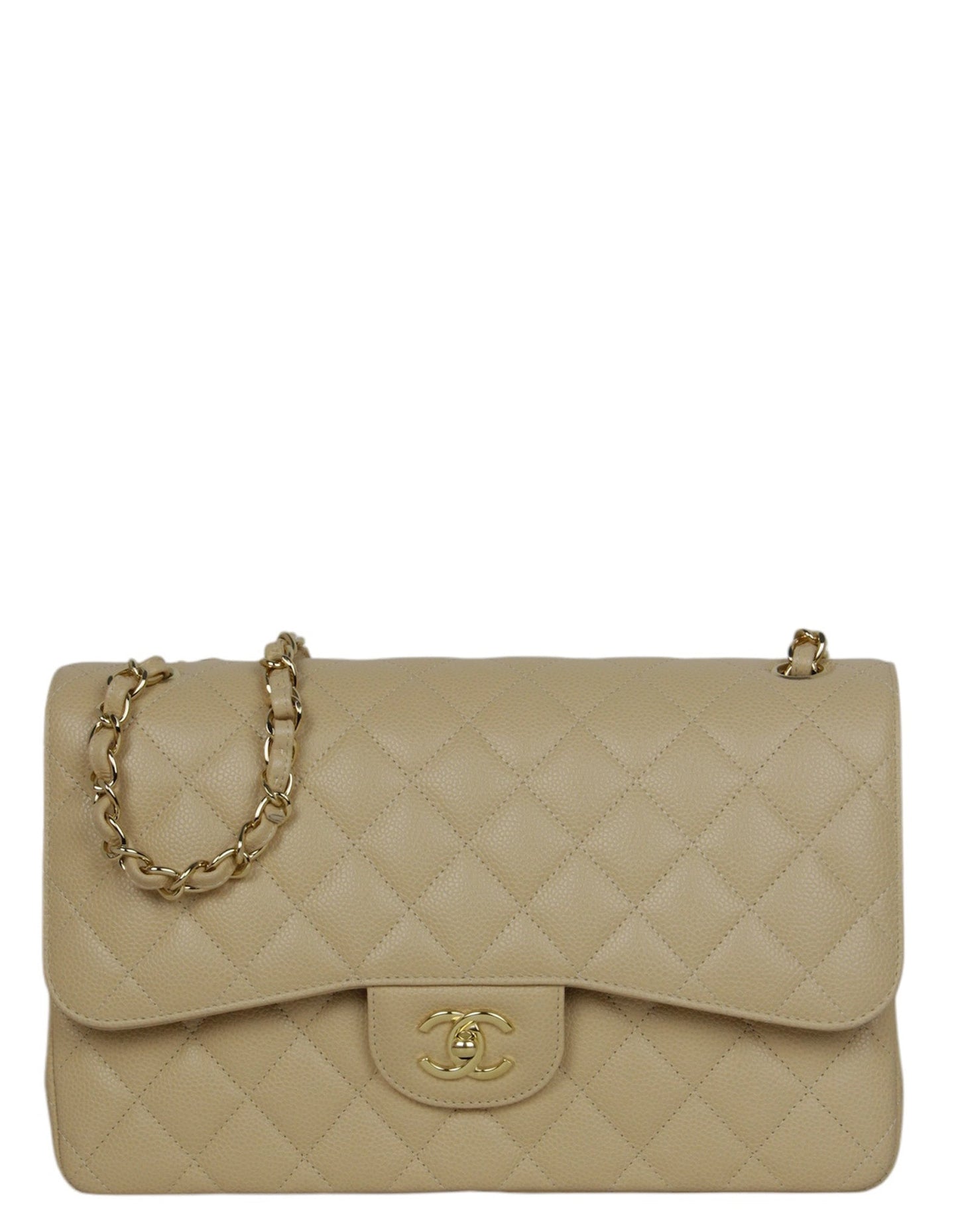 Beige Caviar Leather Double Flap Jumbo Bag Signature