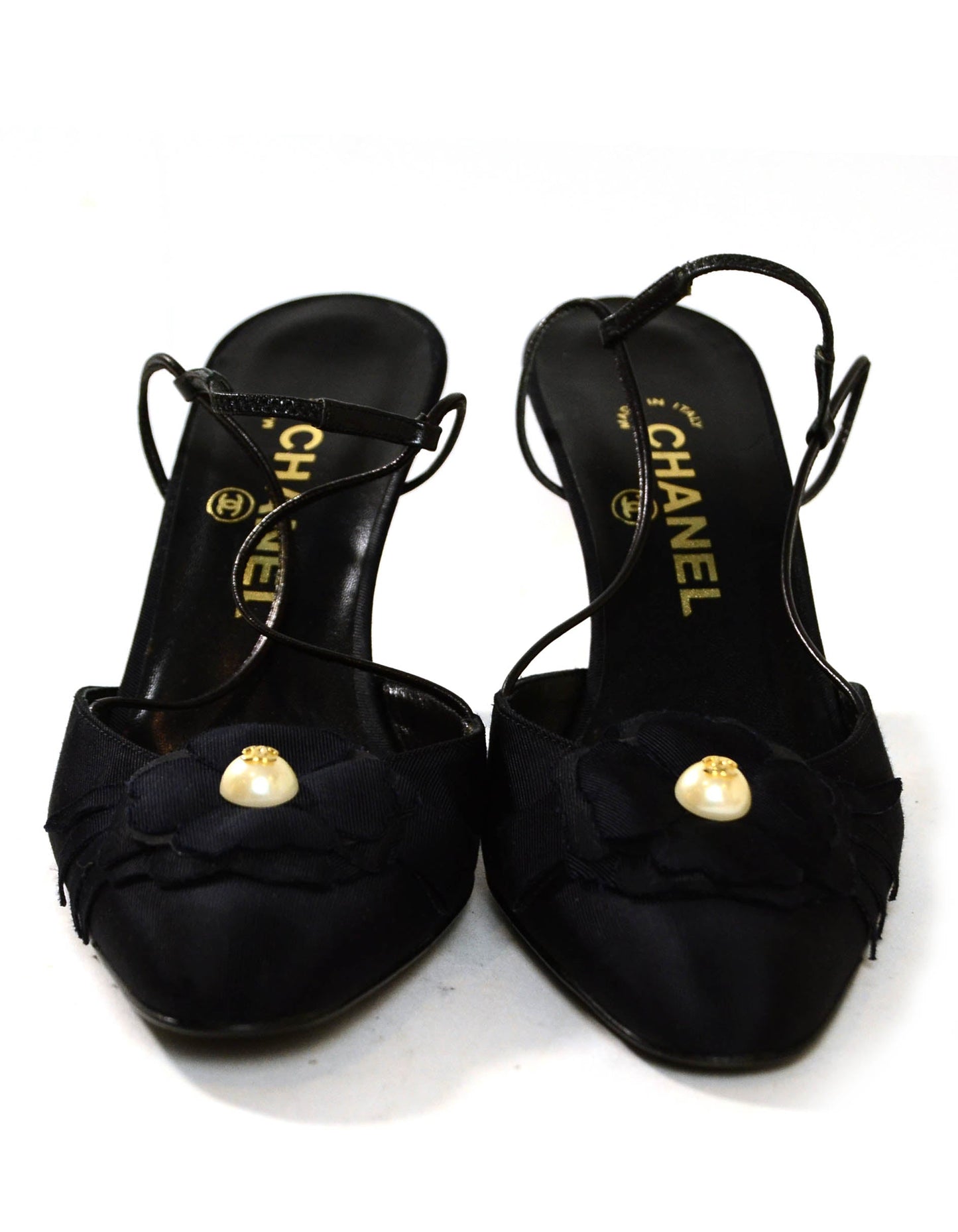 Chanel Black Grosgain Slingbacks with CC Pearl Camellia sz 37.5 Accessory