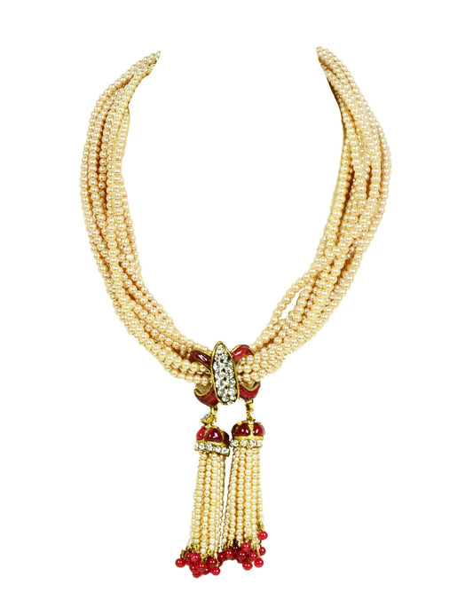 Chanel 1983 Faux Pearl Necklace w. Double Tassel