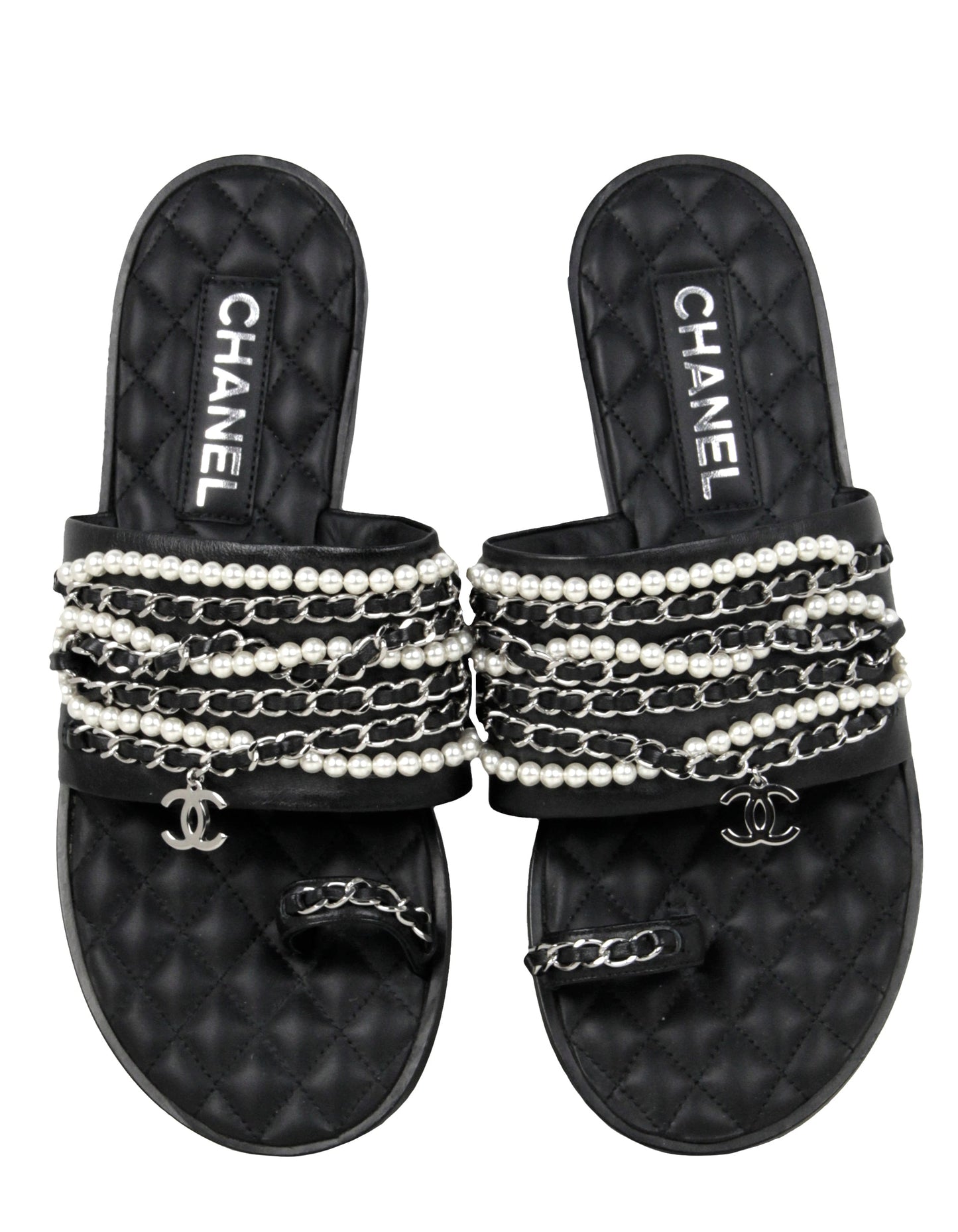 Chanel Pearl and Leather Laced Chain Sandals sz