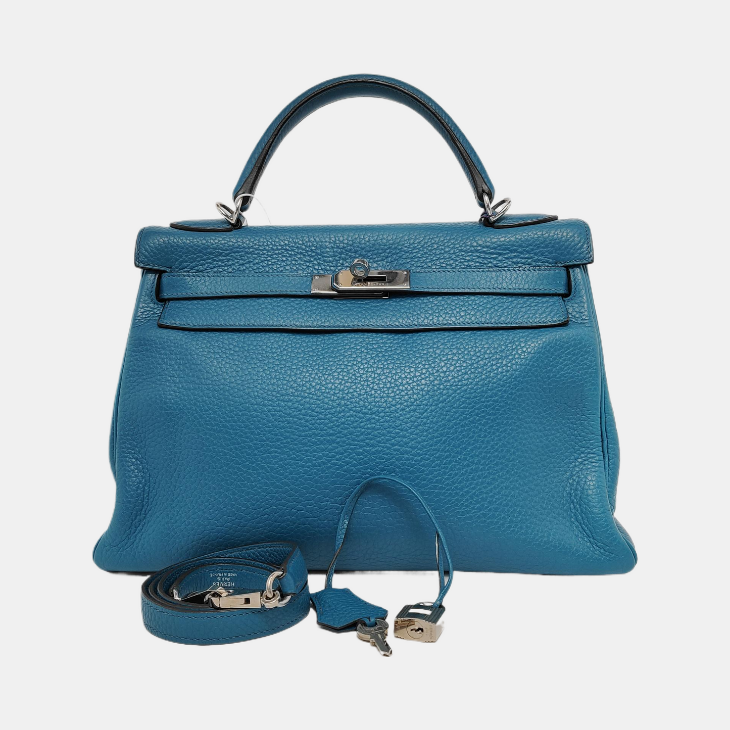 Hermes Kelly Retourne Clemence B Bleu Zanzibar Palladium Leather Travel Bag
