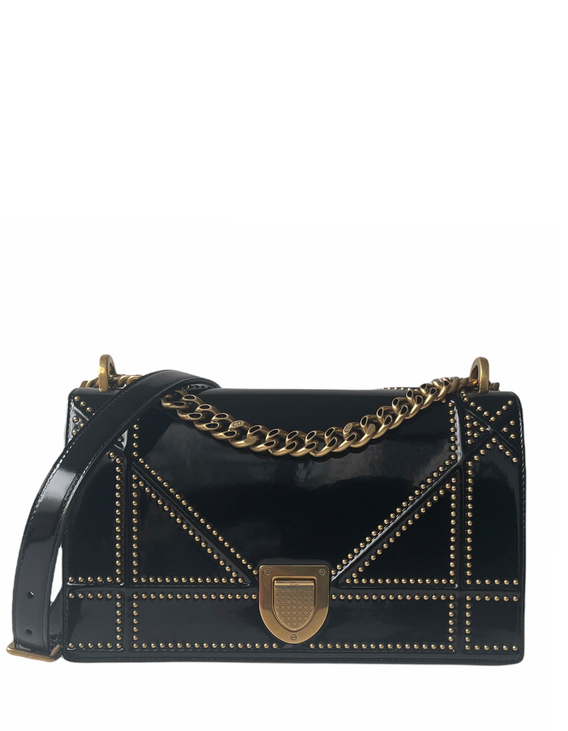 Dior Handbag Christian Studded ama Bag Leather Patent Black Shoulder Bag