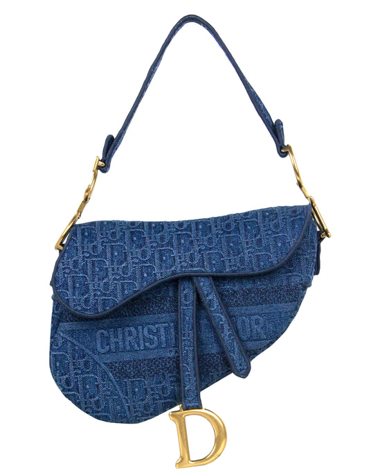 Dior Handbag Christian Oblique Saddle Bag Denim Monogram Blue Shoulder Bag