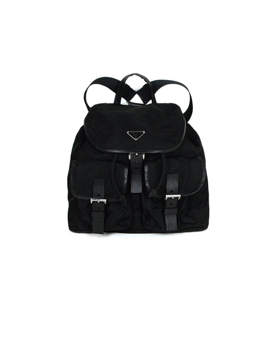 Prada Handbag & Trim Double Pocket Backpack Bag Leather Nylon Black