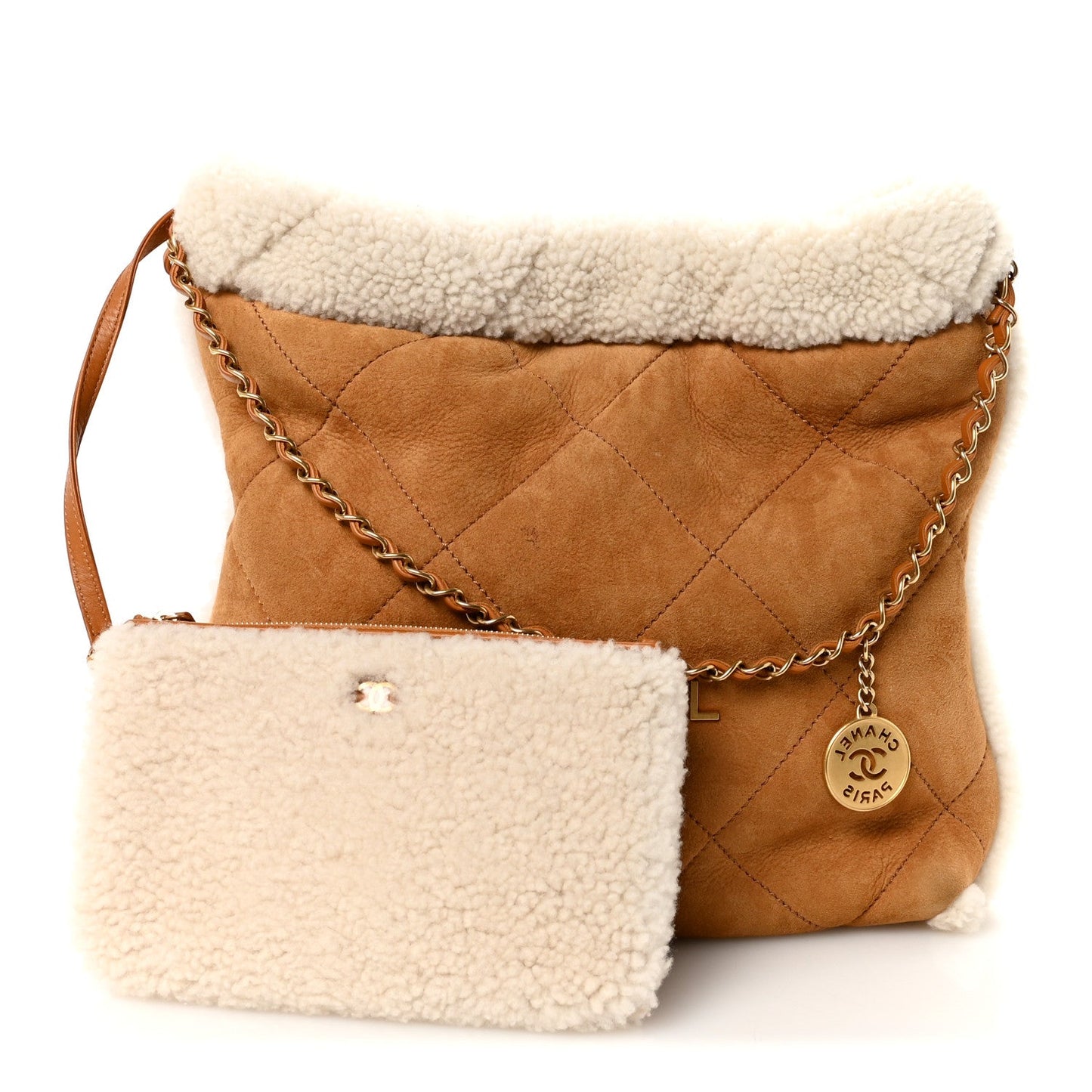Chanel Suede Shearling Quilted Small 22 Brown White Accessory