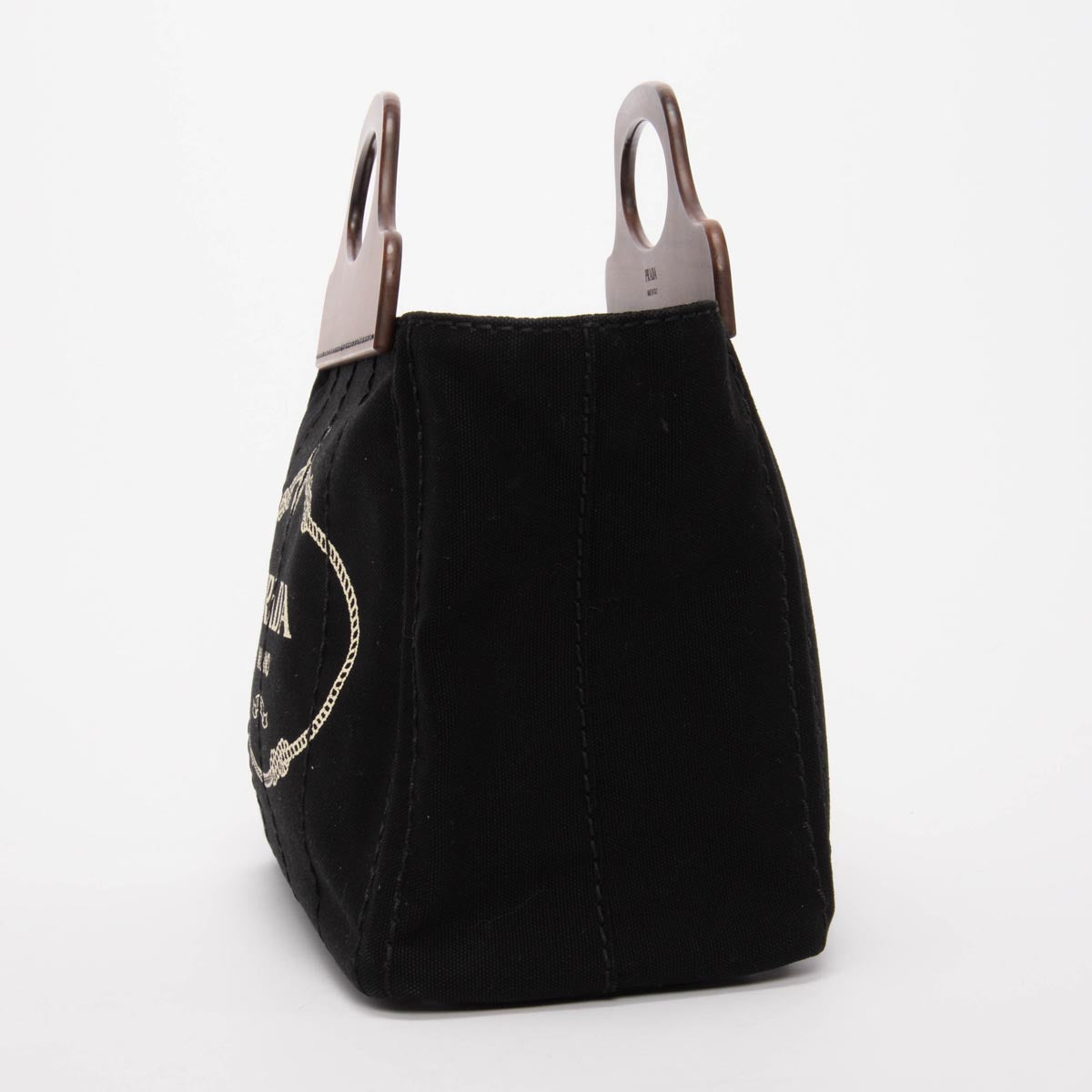 Prada Wood Handle Canapa Tote Canvas Black Tote Bag