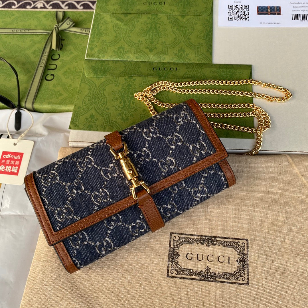 gg Jackie Wallet Dark Ivory Denim Blue Chain Travel Bag