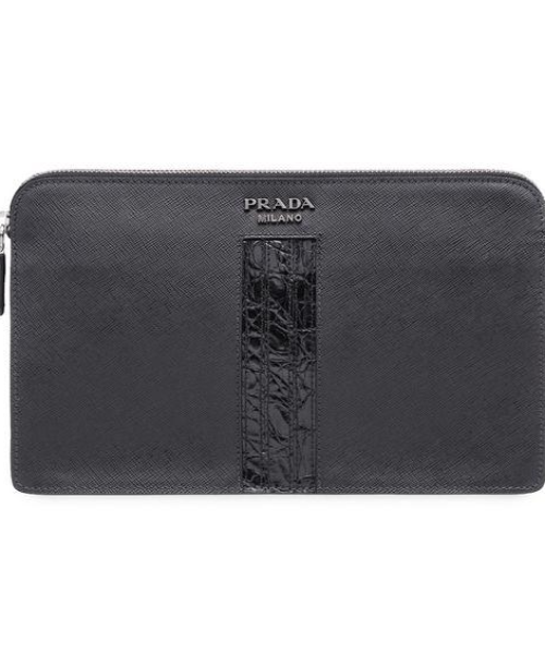 Prada And Crocodile Pouch Luxury Handbag Leather Saffiano Black Clutch Bag