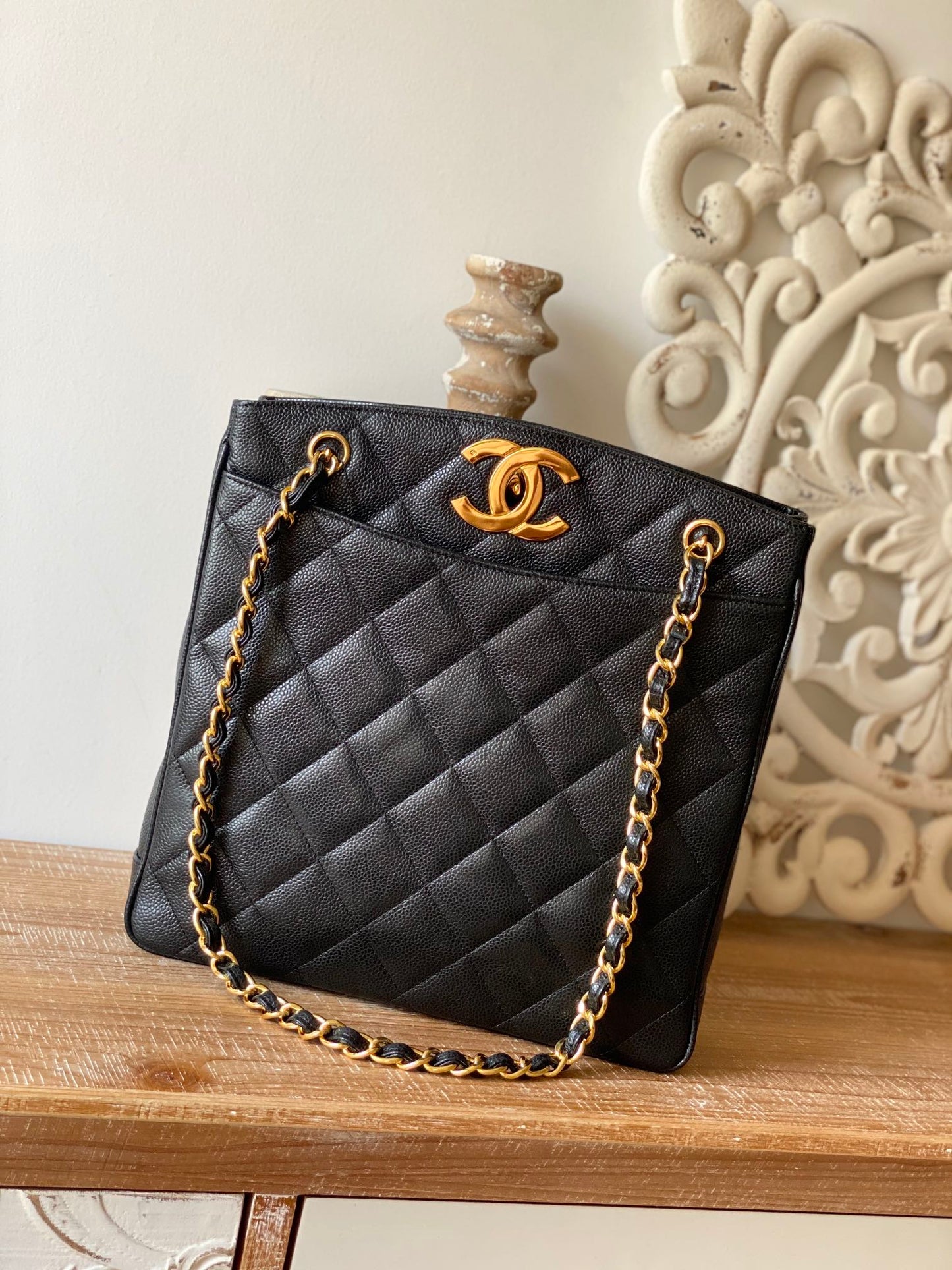 CHL Caviar 28cm 11in Quilted Black Large Tote Bag