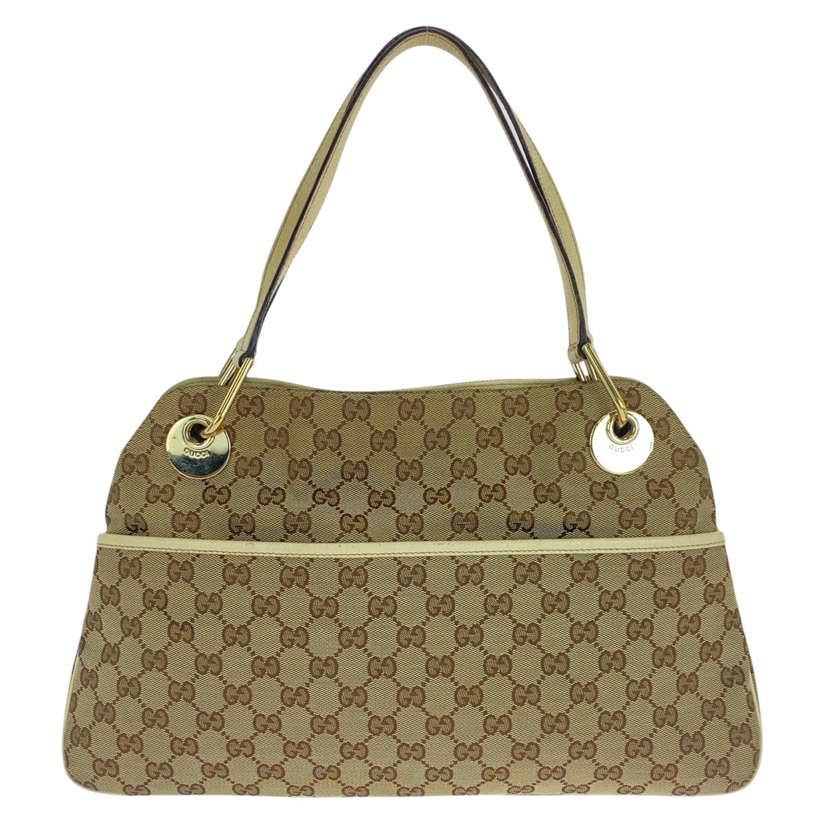Gucci GG , Ivory Metal Leather Canvas Beige Gold Shoulder Bag