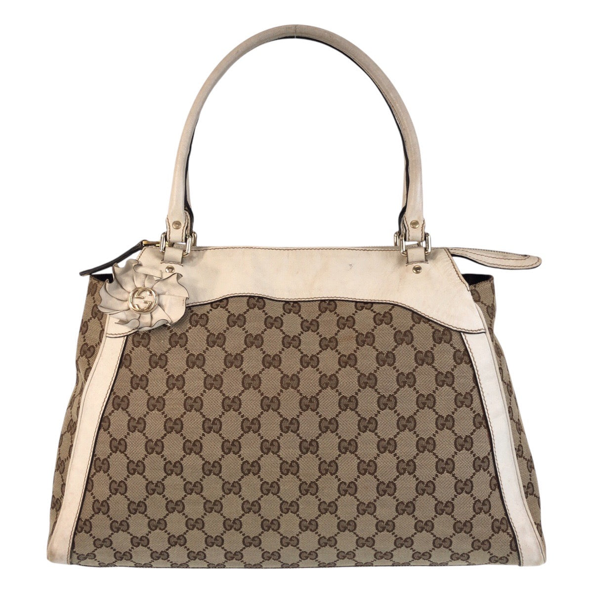 Gucci GG Ivory Metal Trophy Canvas Beige Gold Tote Bag