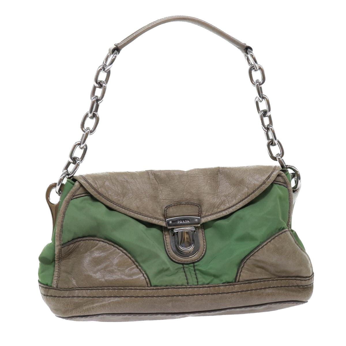 Prada Hand Bag Leather Nylon Green Travel Bag