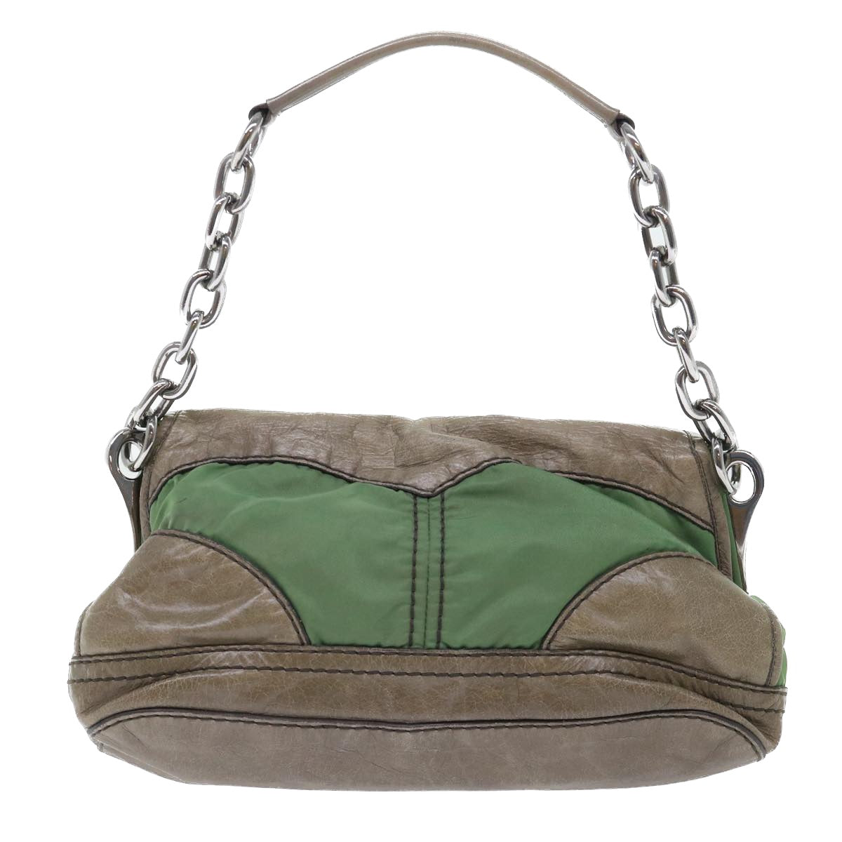 Prada Hand Bag Leather Nylon Green Travel Bag