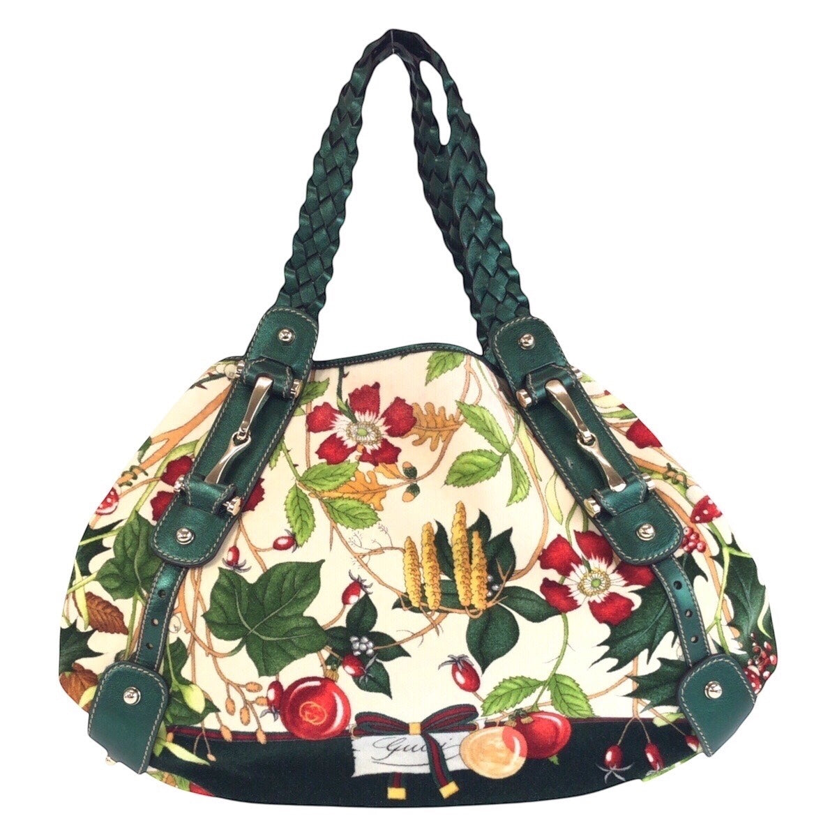 Gucci Velour, SilverMetal Horsebit Floral print Leather Green Multicolor Shoulder Bag