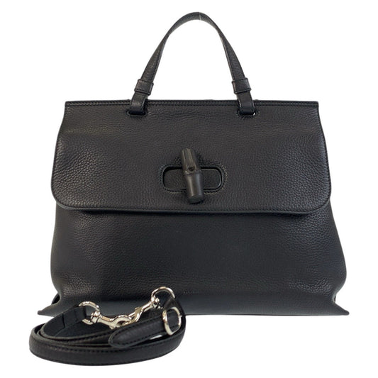 Gucci SilverMetal 2way Bamboo daily Leather Black Shoulder Bag