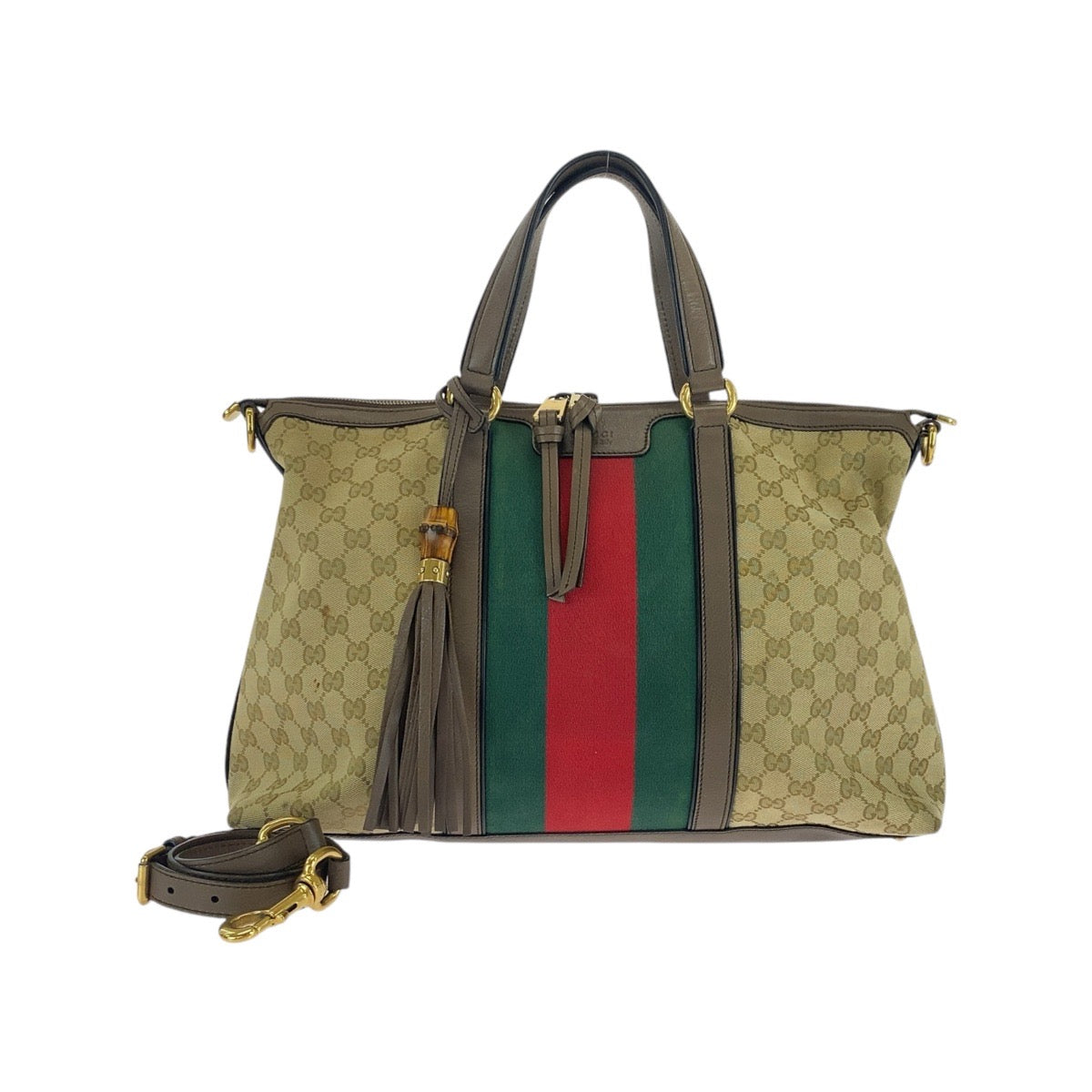 Gucci GG Gold ine Leather Canvas Brown Beige Shoulder Bag