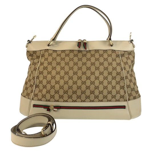 Gucci GG Sherry Line Leather Canvas Beige Gold Shoulder Bag