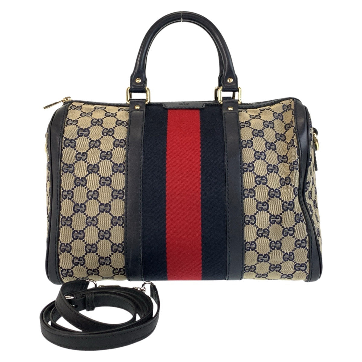 Gucci GG Gray 2way Sherry line Leather Canvas Gold Navy Shoulder Bag