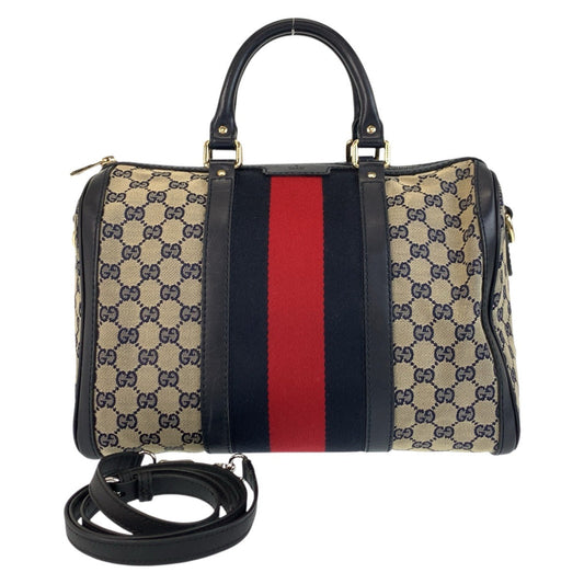 Gucci GG Gray 2way Sherry line Leather Canvas Gold Navy Shoulder Bag
