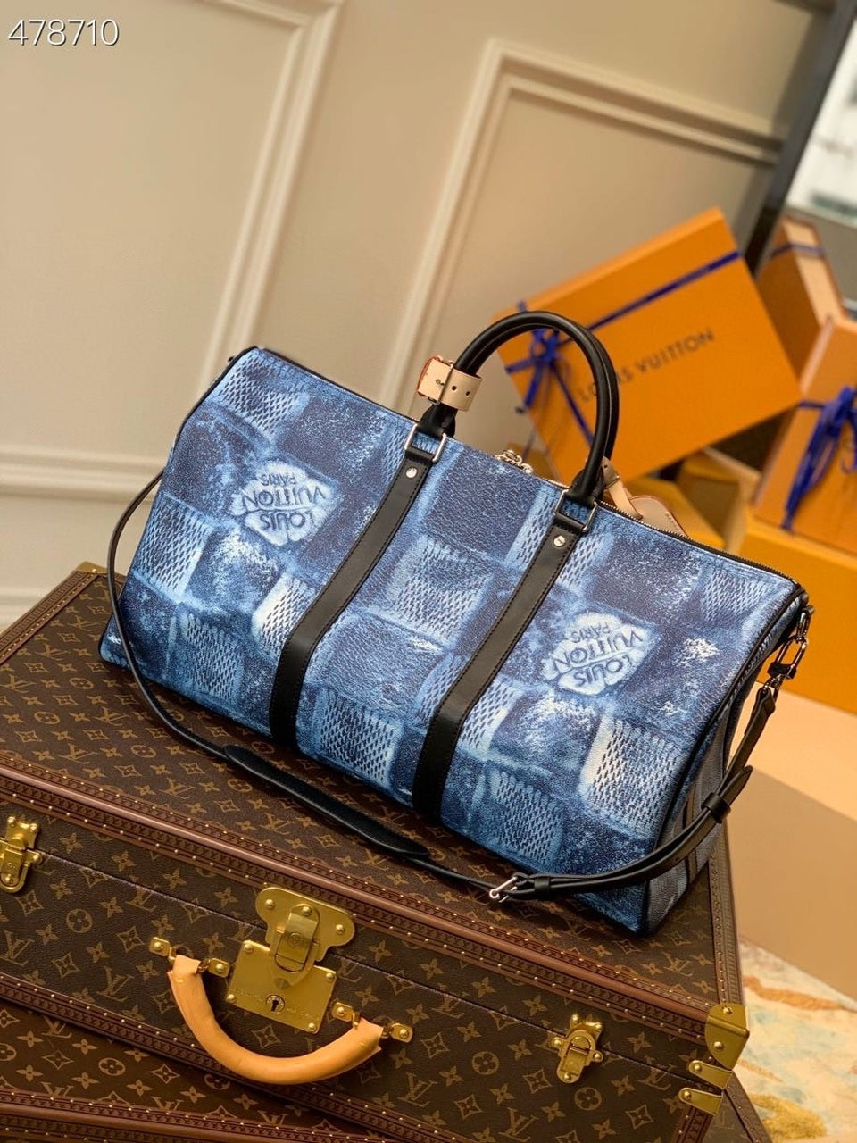 Top Quality Keepall Bandouliere Damier Salt Ocean Canvas Blue Travel Bag