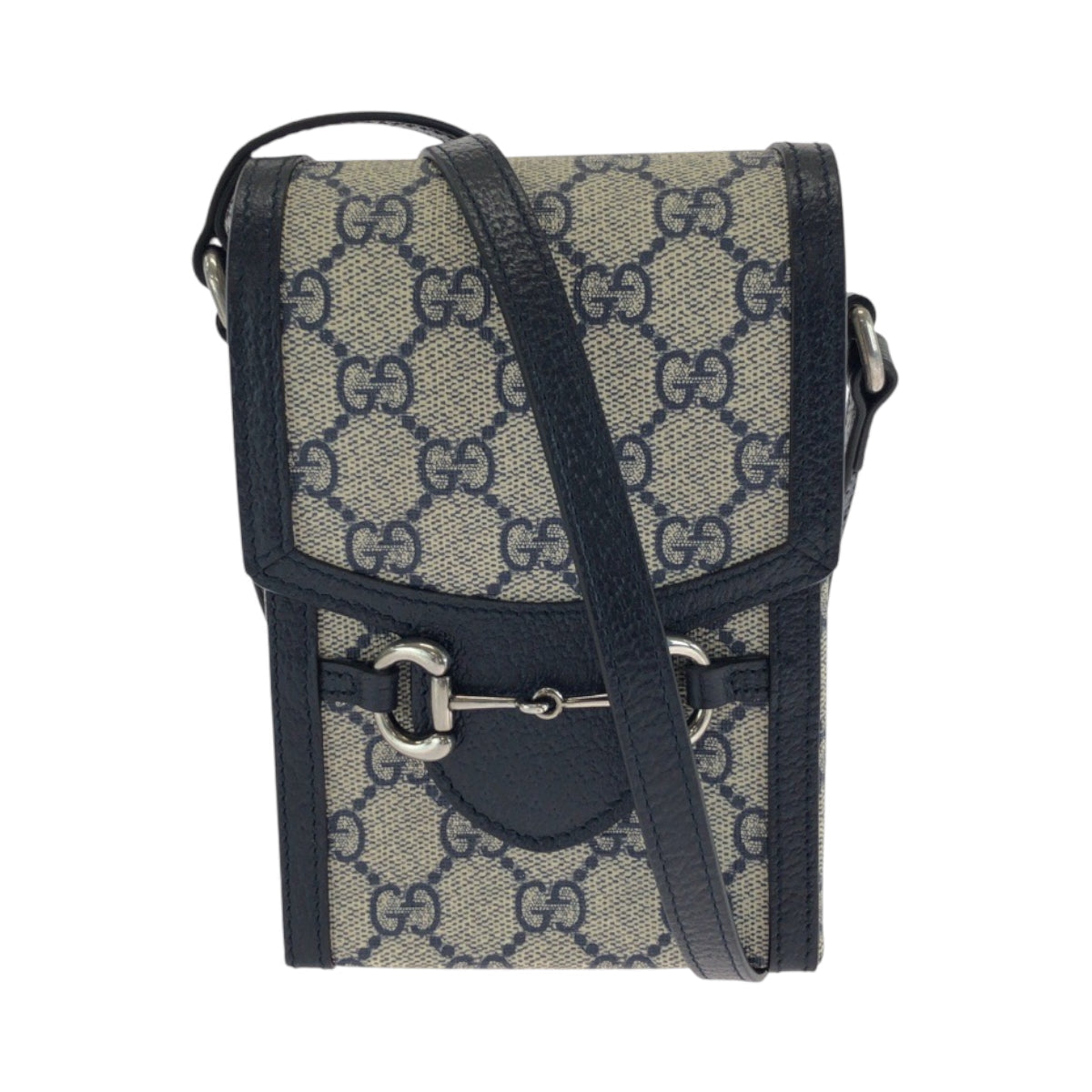 Gucci GG Supreme SilverMetal Horsebit Canvas Navy Gray Shoulder Bag