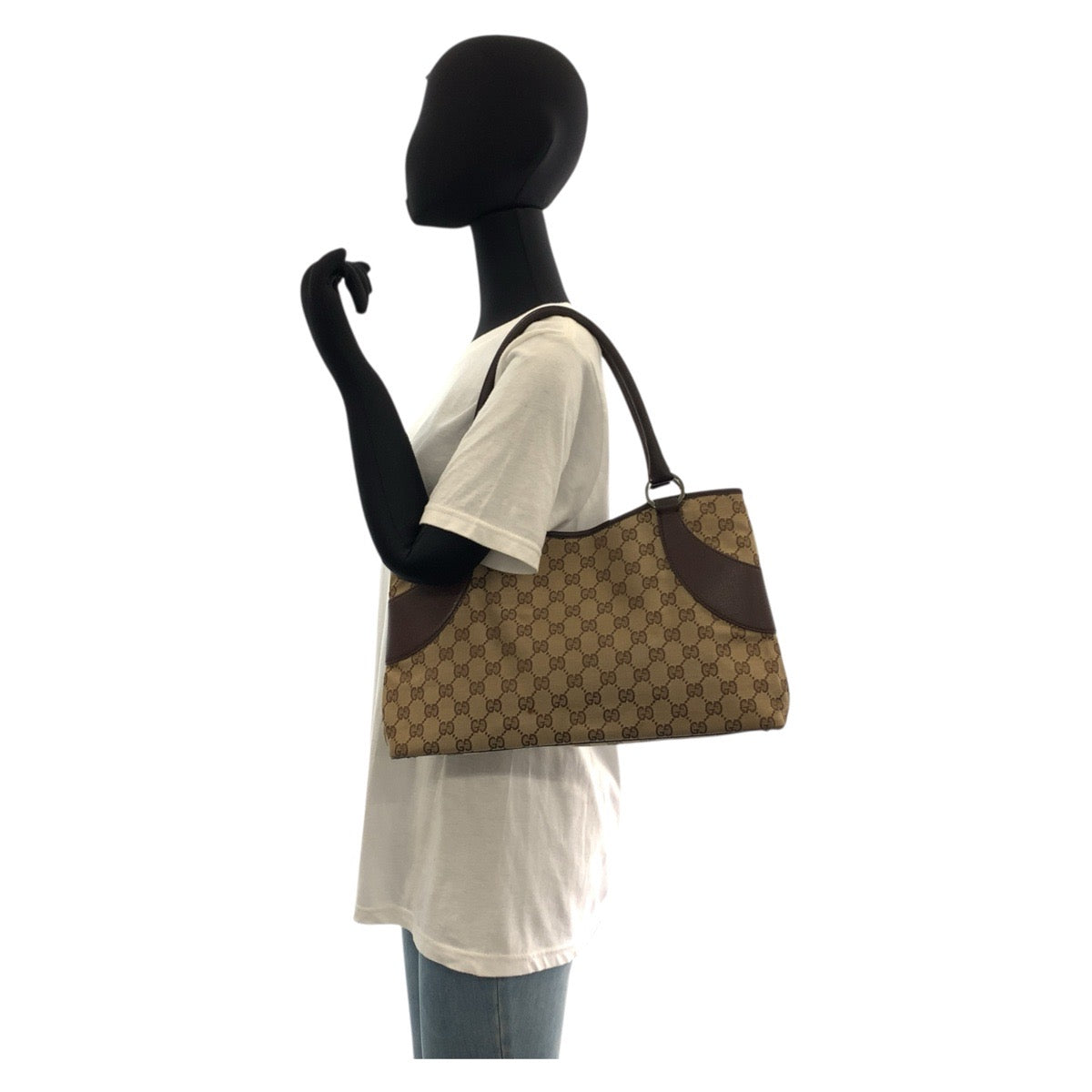 Gucci GG Leather Canvas Brown Beige Shoulder Bag