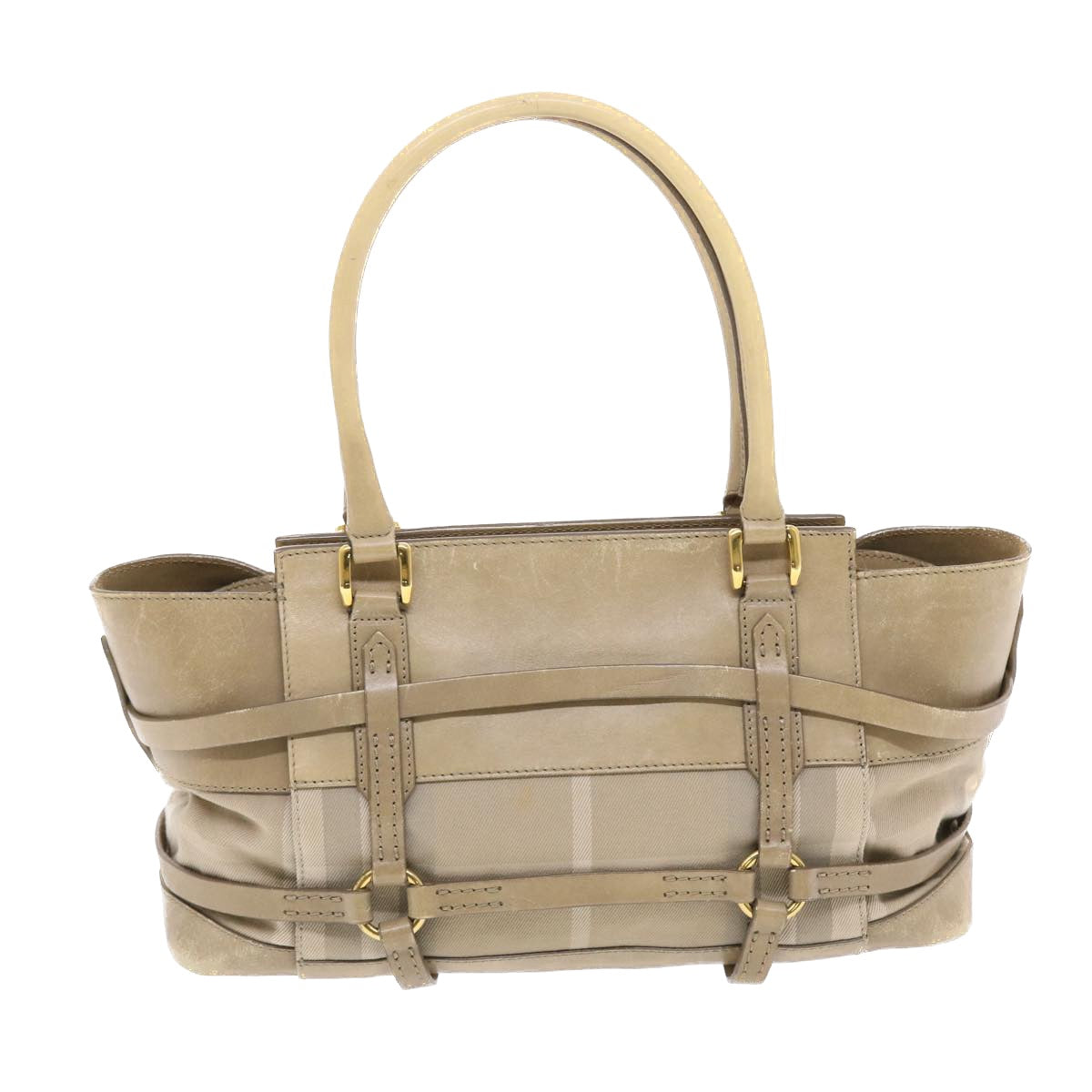 Burberry Luxury Nova Check Hand Bag Auth Leather Nylon Beige Travel Bag
