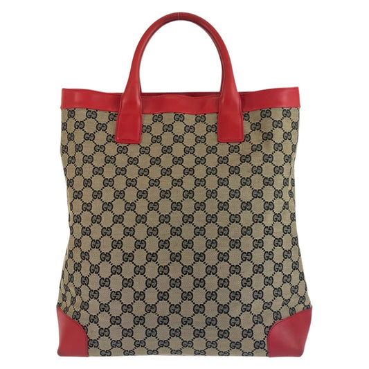 Gucci 002 GG Leather Canvas Beige Red Tote Bag