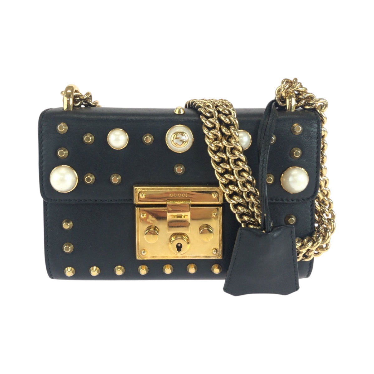 Gucci Metal ChainShoulder Pochette Studs Pearl Leather Black Gold Shoulder Bag
