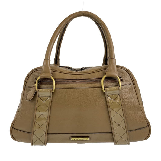 Burberry Khaki Handbag Shoulder Bag Check Pattern Women Leather Metal Brown