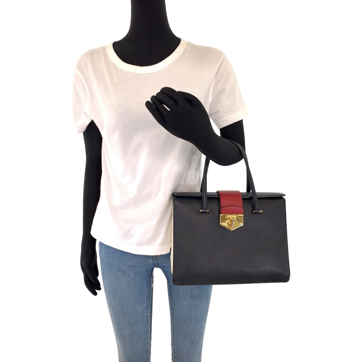 Gold Metal Handbag Tote Bag Safiano Women Leather Black