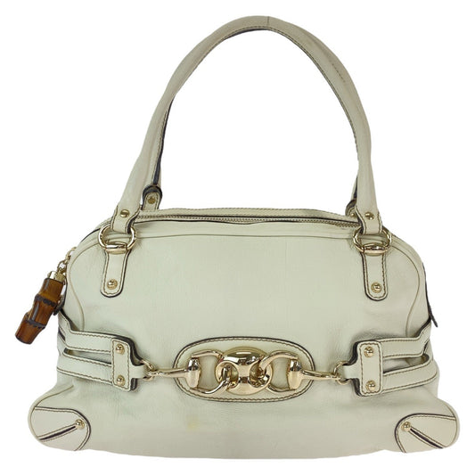 Gucci GoldMetal Bamboo Horsebit Leather White Shoulder Bag