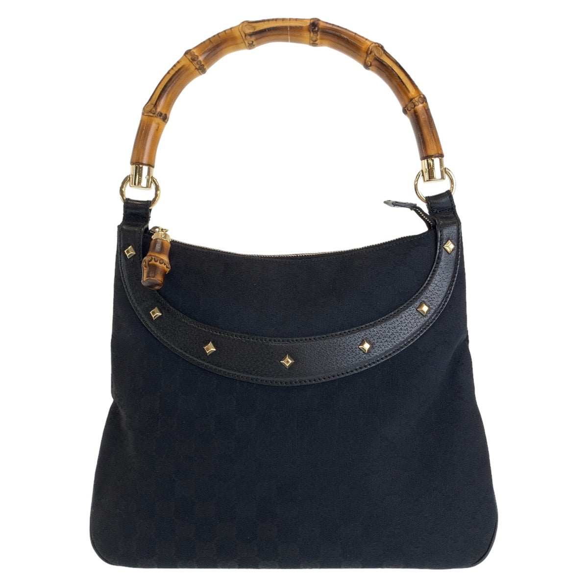 Gucci GG , GoldMetal Bamboo GG Leather Canvas Black Shoulder Bag