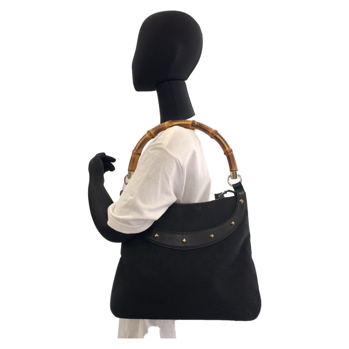 Gucci GG , GoldMetal Bamboo GG Leather Canvas Black Shoulder Bag