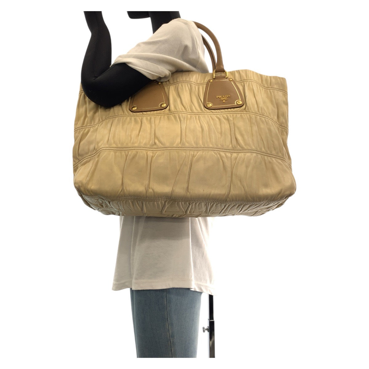 Tote Bag Metal Tote Bag Shoulder Bag Leather Beige Safiano Women