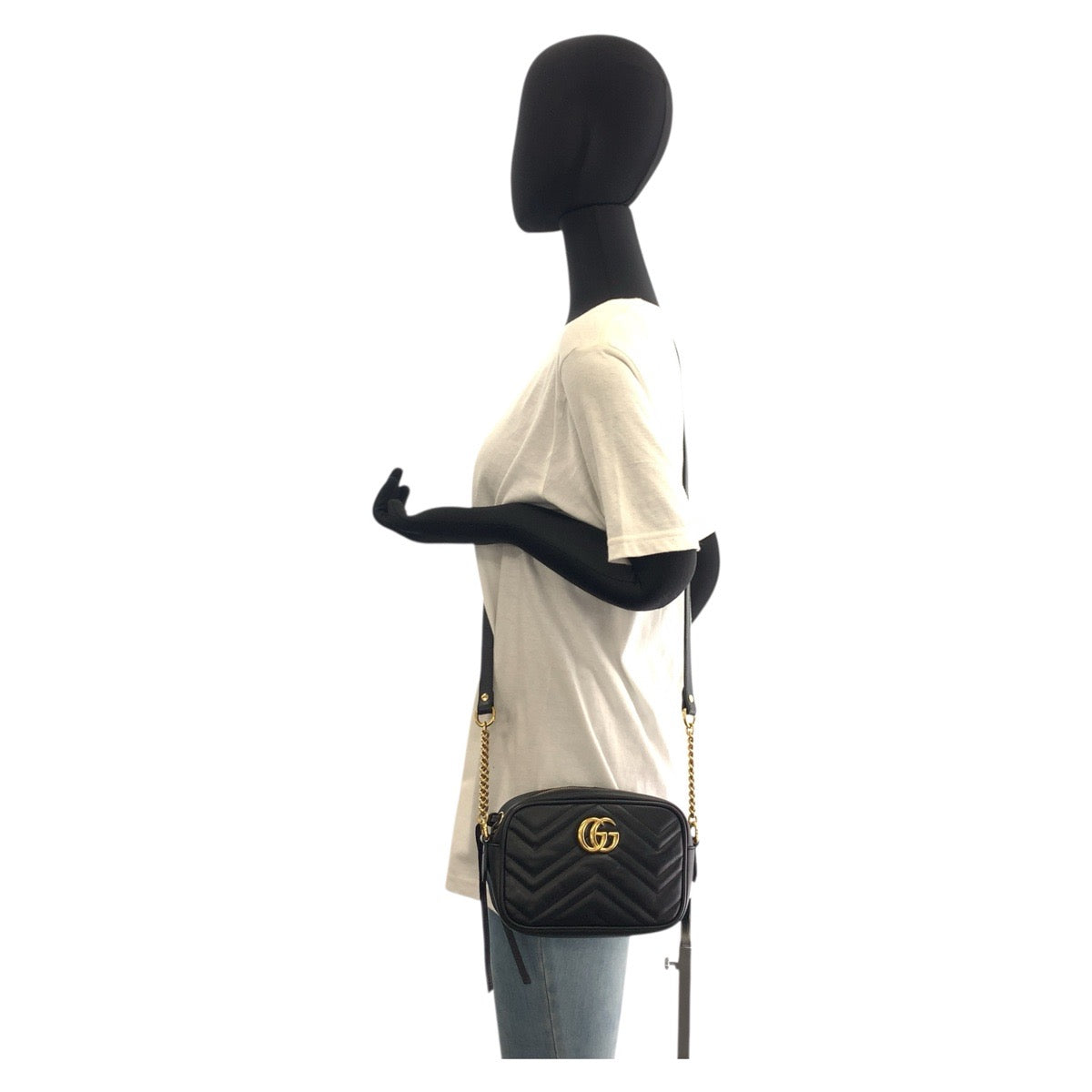 Gucci GoldMetal pochette GG Marmont camera Leather Black Mini Crossbody Bag