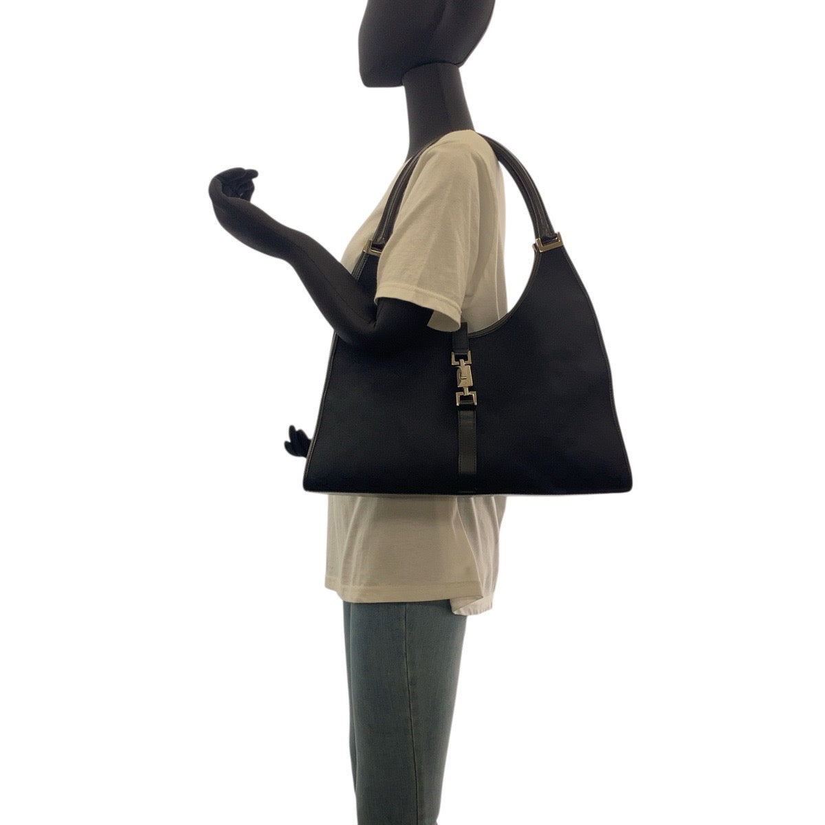 Gucci 002 GG , SilverMetal Jackie Leather Canvas Black Shoulder Bag