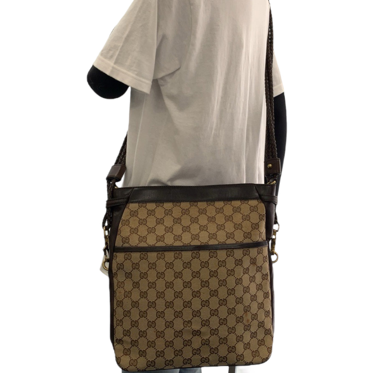 Gucci GG Metal Messenger Canvas Brown Gold Shoulder Bag