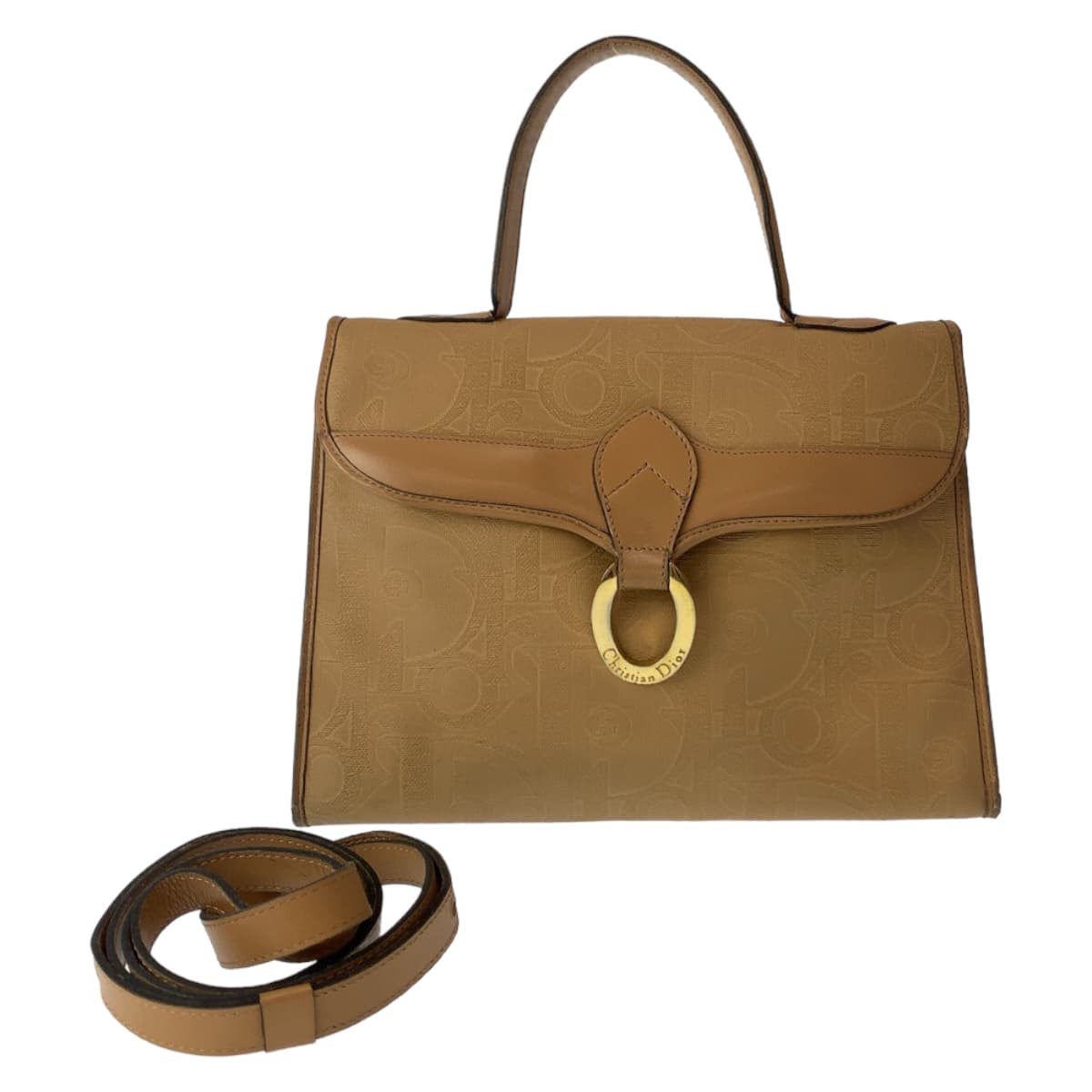 Dior Shoulder Bag Coated , Beige Gold Metal Leather Canvas