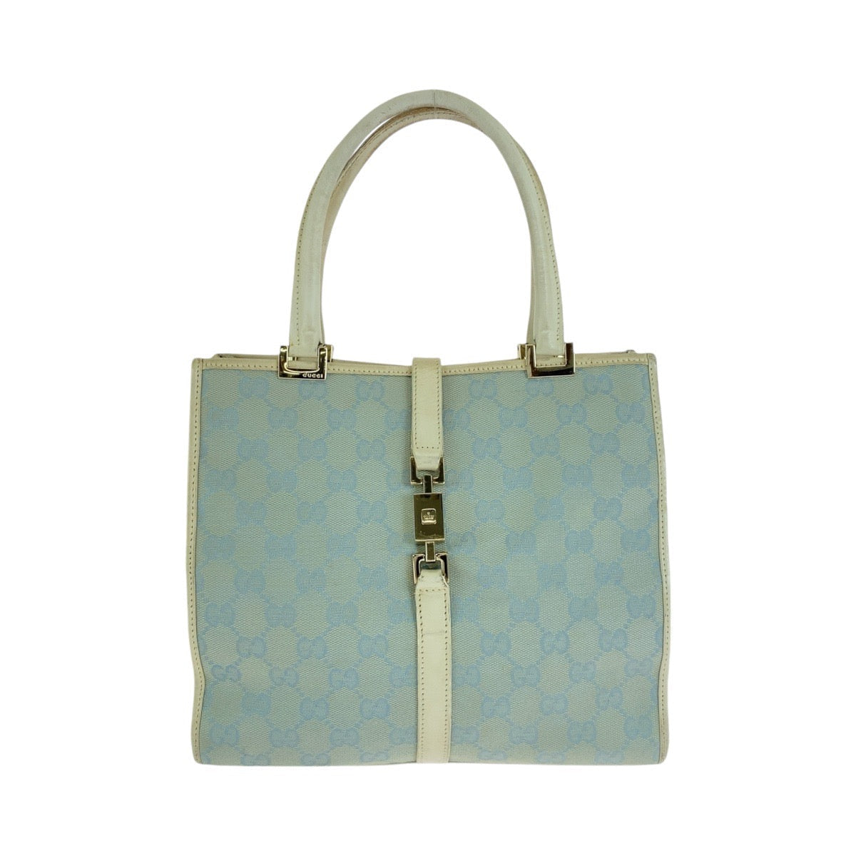 Gucci 002 GG , Light Jackie Leather Canvas Blue Tote Bag