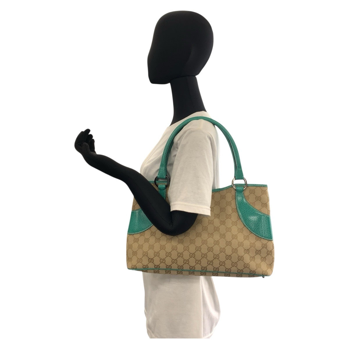 Gucci GG , SilverMetal Leather Canvas Beige Green Shoulder Bag