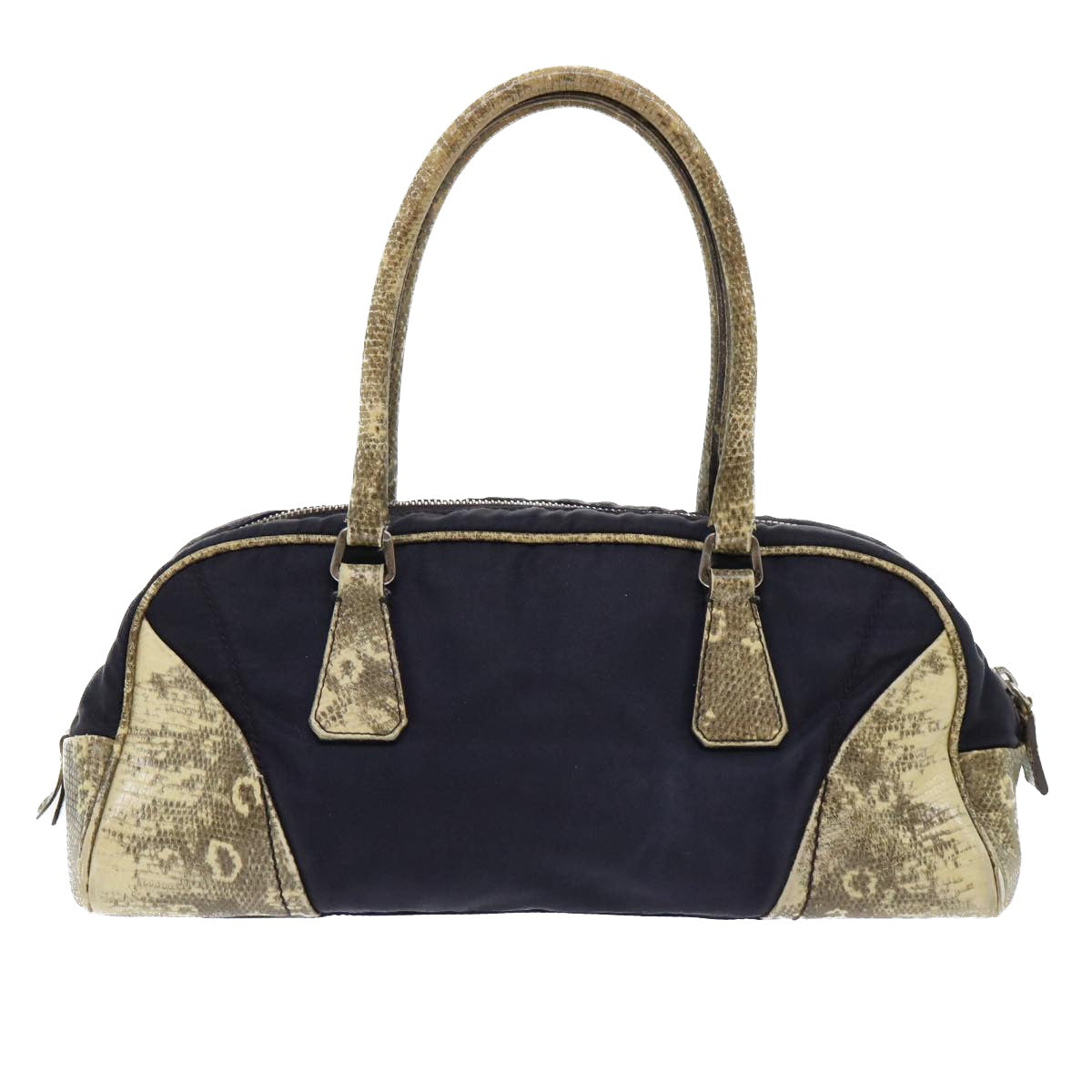 Prada Hand Bag Auth Leather Nylon Beige Travel Bag