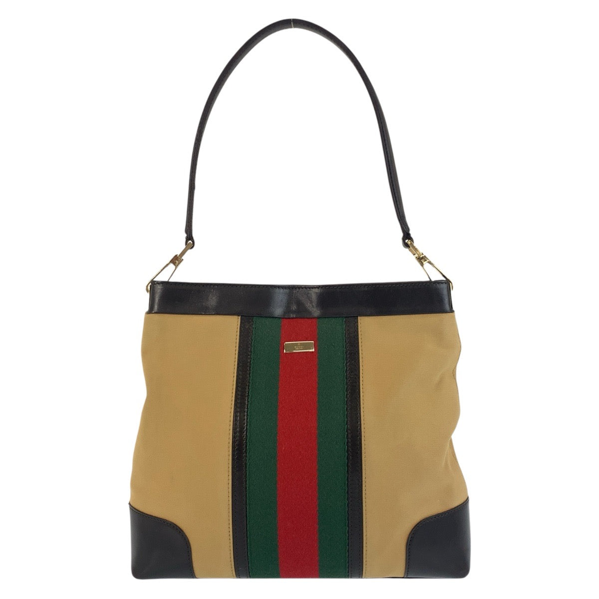 Gucci 001 , Gold Metal Sherry Leather Canvas Brown Beige Shoulder Bag