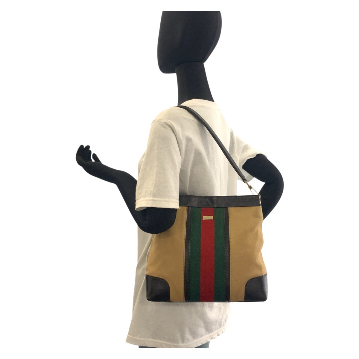 Gucci 001 , Gold Metal Sherry Leather Canvas Brown Beige Shoulder Bag